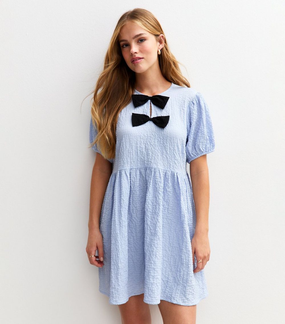 Blue Textured Bow Appliqued Puff Sleeve Mini Dress