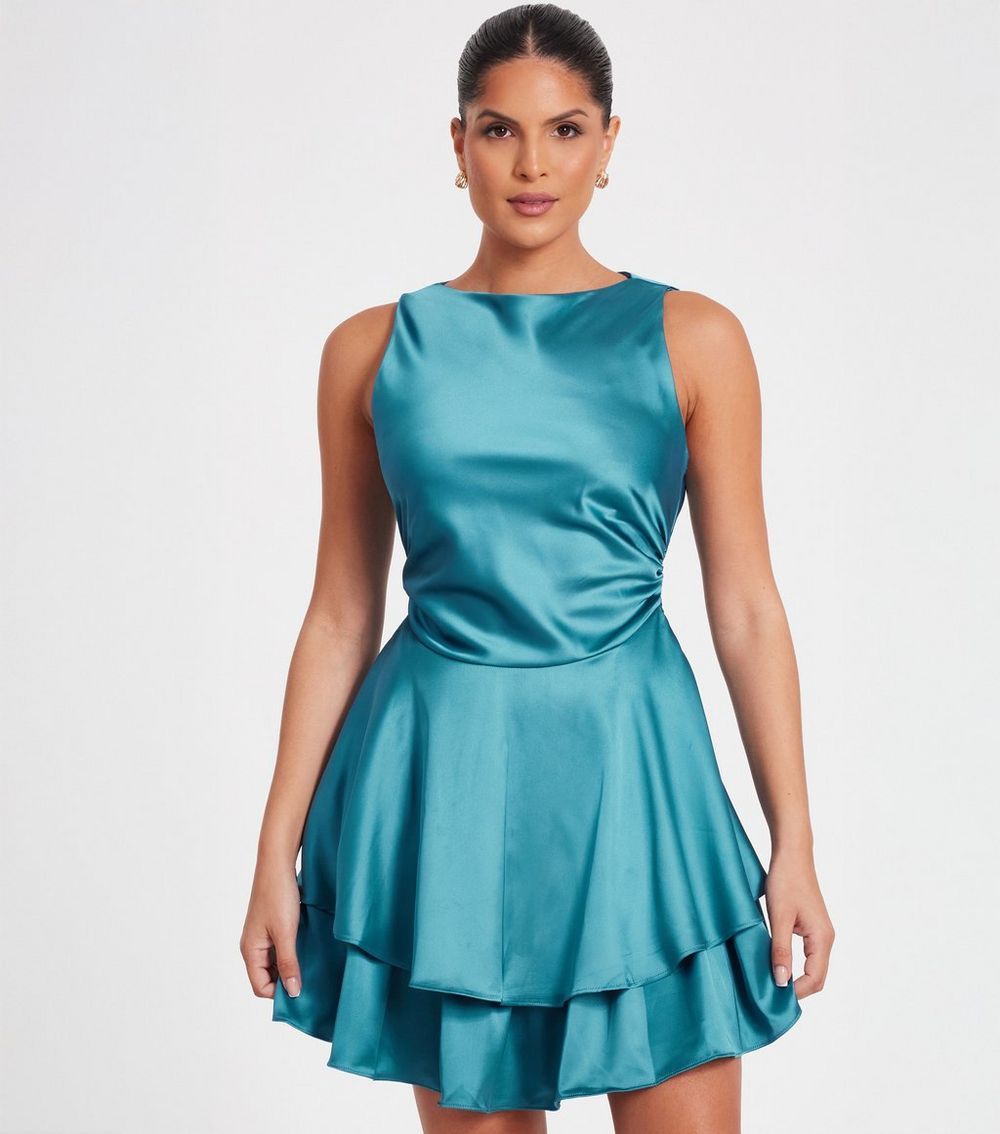 QUIZ Teal Satin Layered Mini Skater Dress