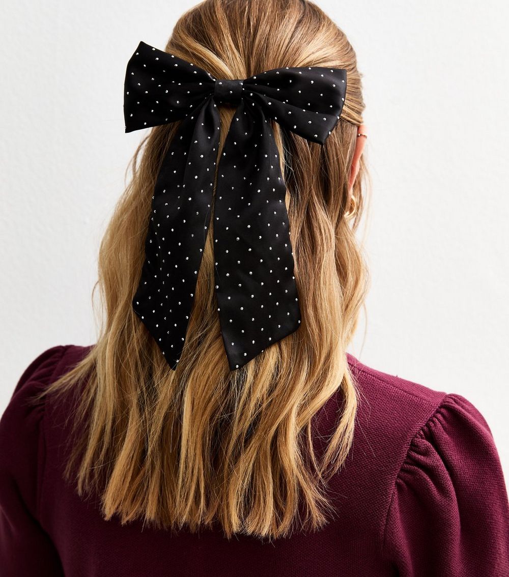 Black Satin Diamante Embellished Bow Hair Slide
