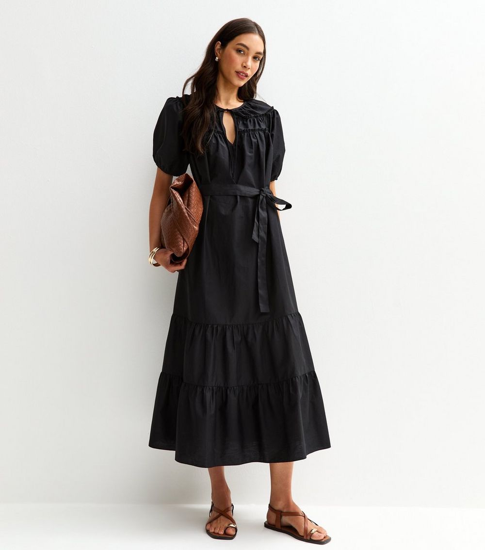 Black Oversized Tie Neck Poplin Midi Smock Dress