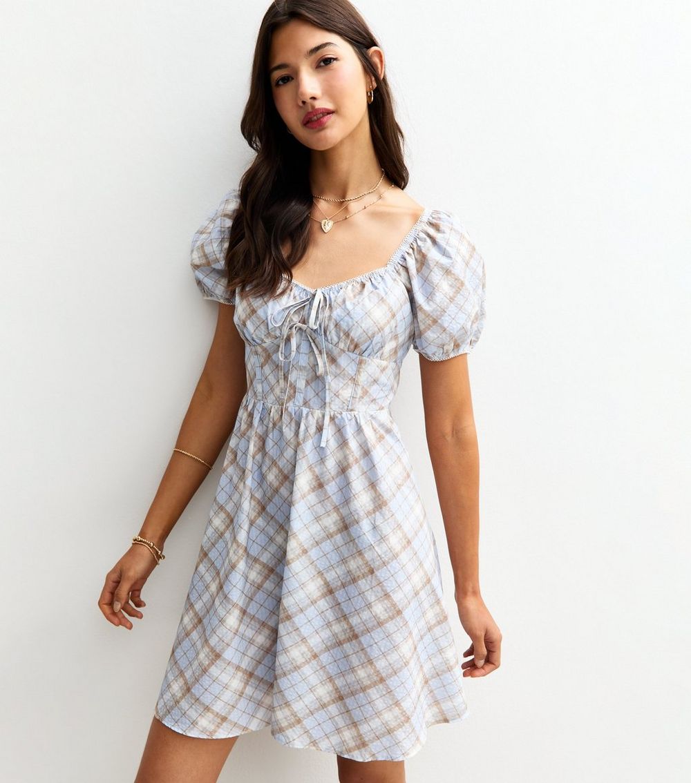Blue Checked Puff Sleeve Mini Dress