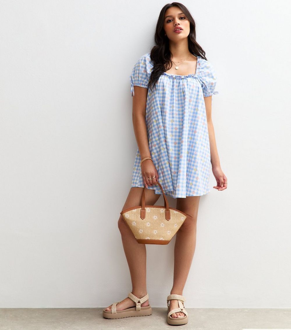 Blue Gingham Puff Sleeve Mini Dress