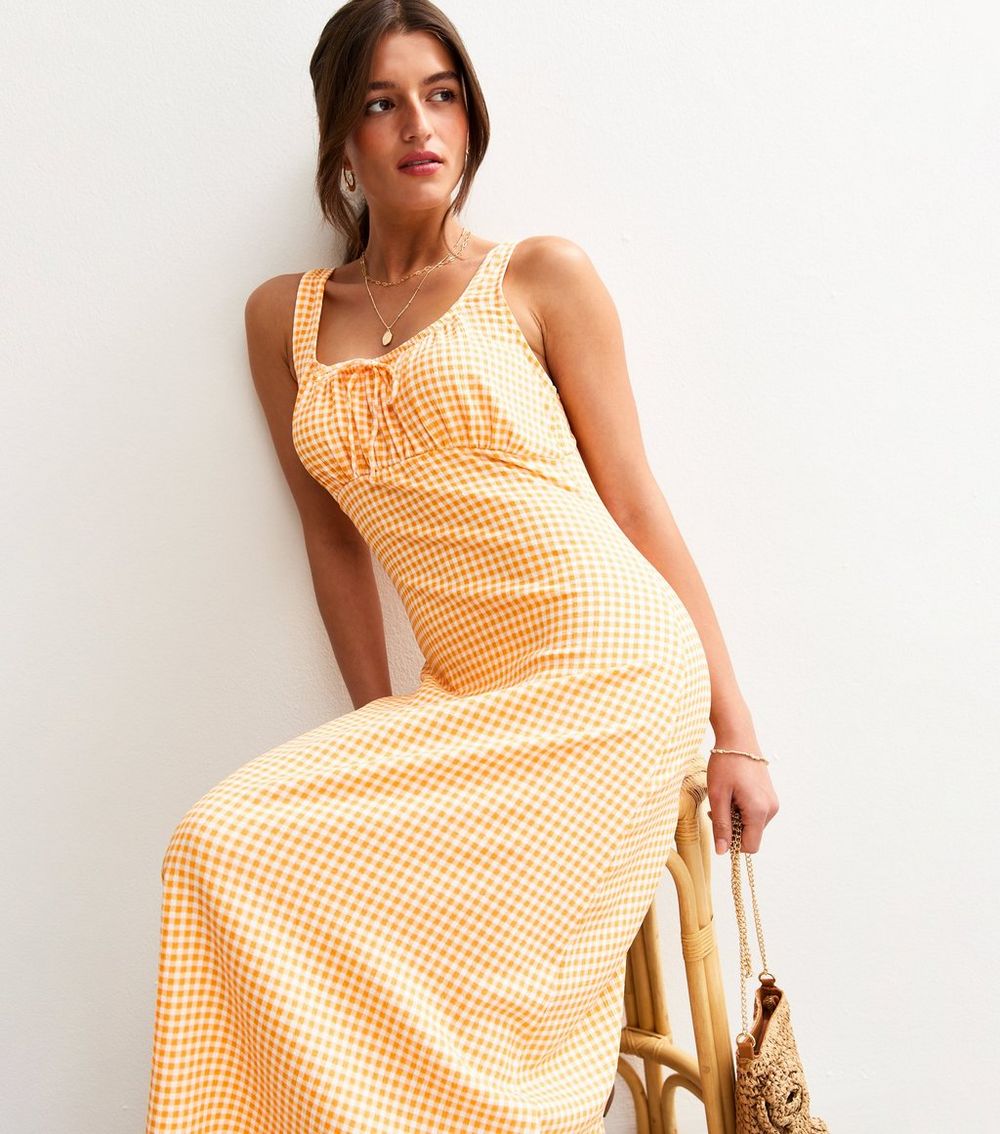 Orange Gingham Print Crinkle Milkmaid Midi Dress