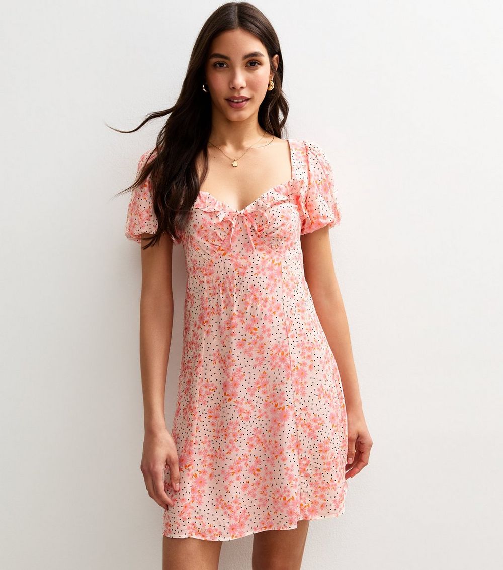 Pink Abstract Print Ruffle Trim Mini Dress