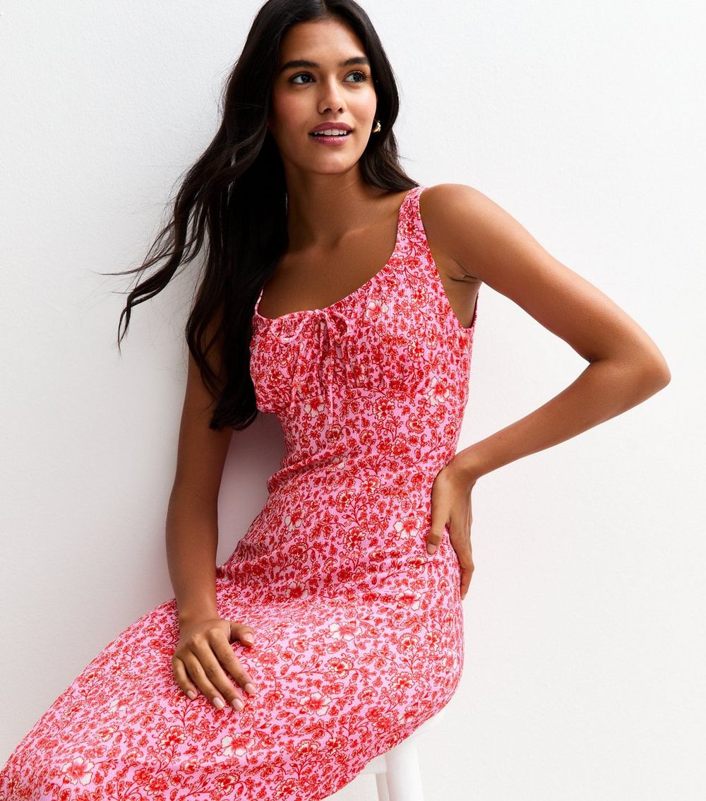 Pink Floral Print Crinkle Texture Milkmaid Midi Dress