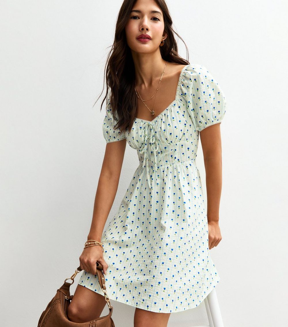 White Floral Print Puff Sleeve Mini Dress