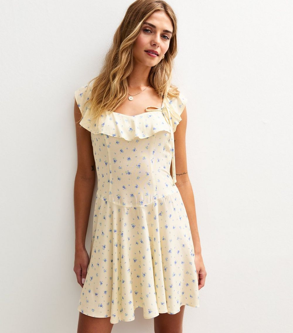 Cream Ditsy Print Ruffle Front Side Bow Mini Dress