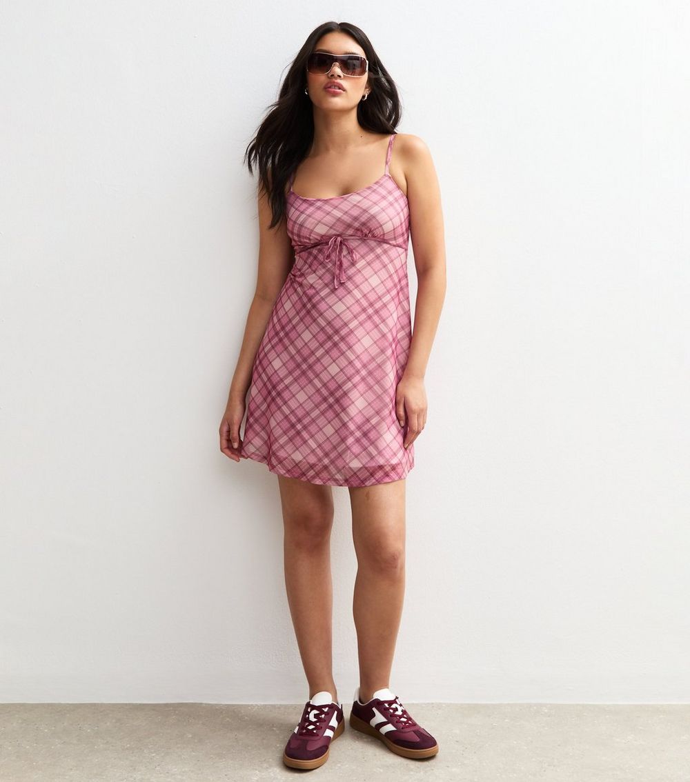 Pink Check Print Bow Trim Mesh Mini Dress