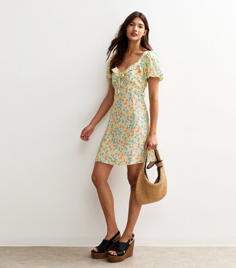 Yellow Floral Print Ruffle Trim Mini Dress