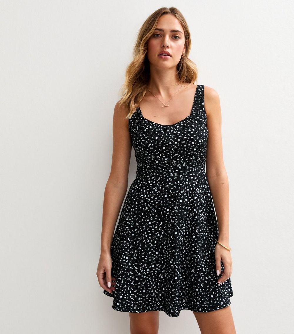 Black Crinkled Jersey Floral Print Mini Dress