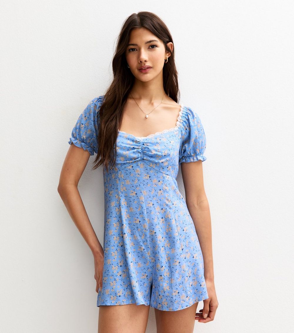 Blue Ditsy Print Lace Trim Playsuit