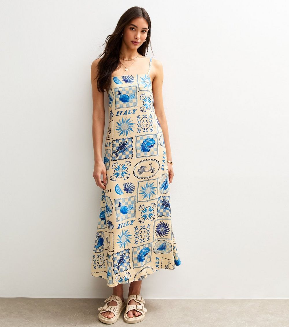 Blue Tile Print Square Neck Midi Dress