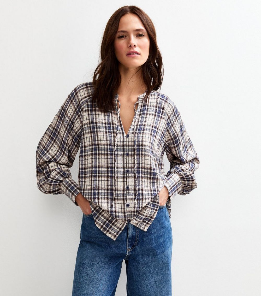 Blue Check Print Textured Tie Neck Blouse