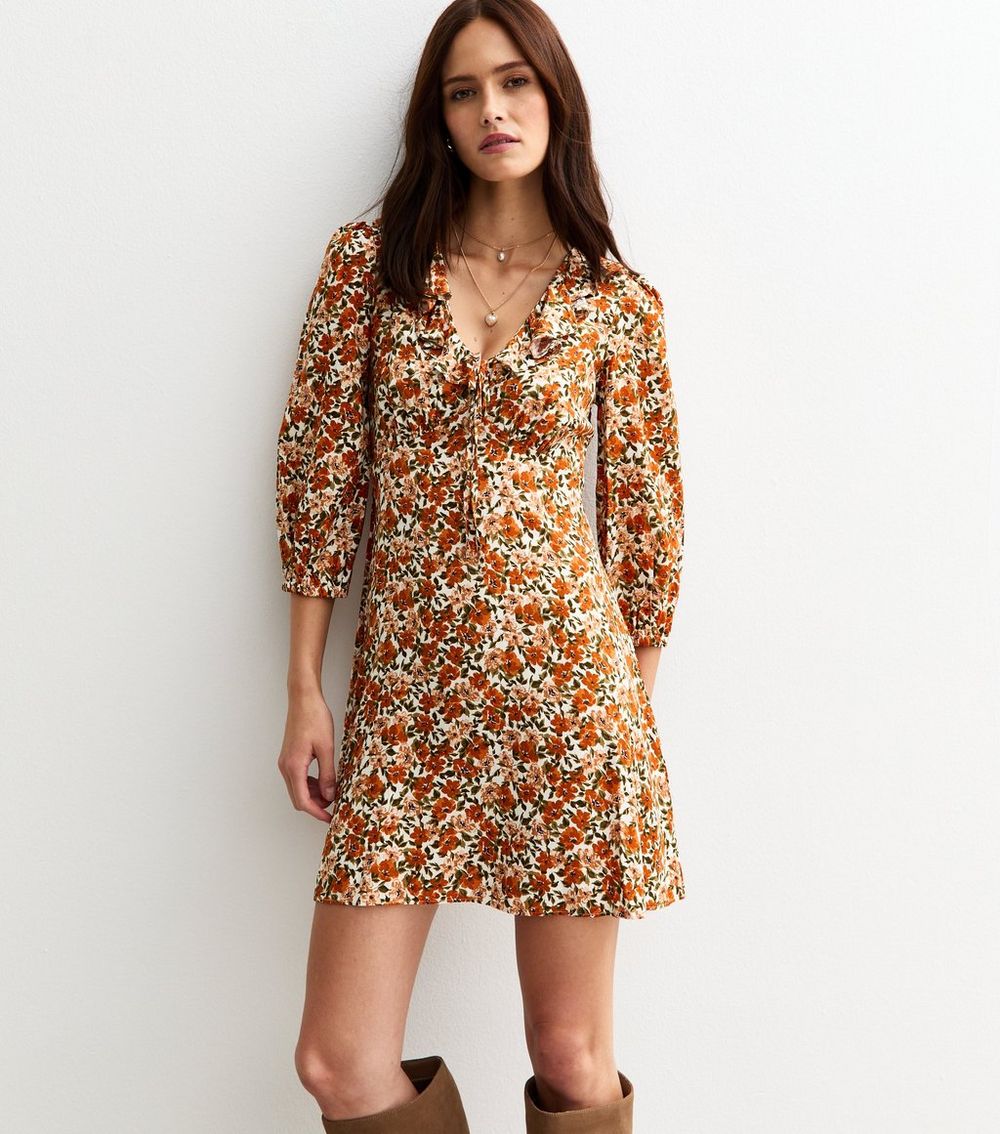 Cream Floral Print Ruff Collar Mini Dress