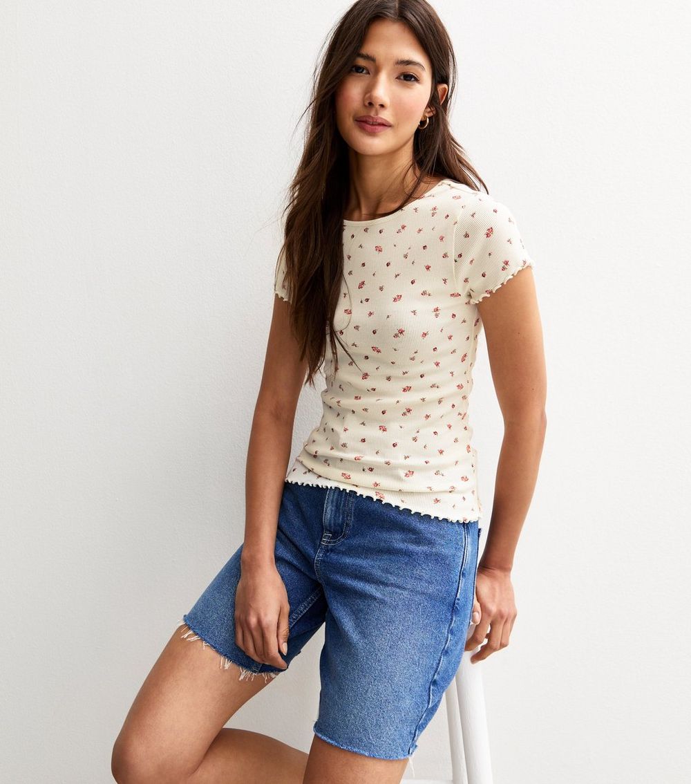 Off White Ditsy Print Ribbed Lettuce Hem T