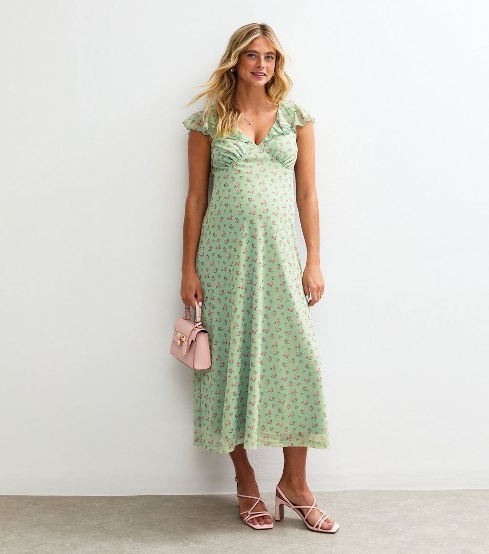 Maternity Green Ditsy Print Frill Sleeve V