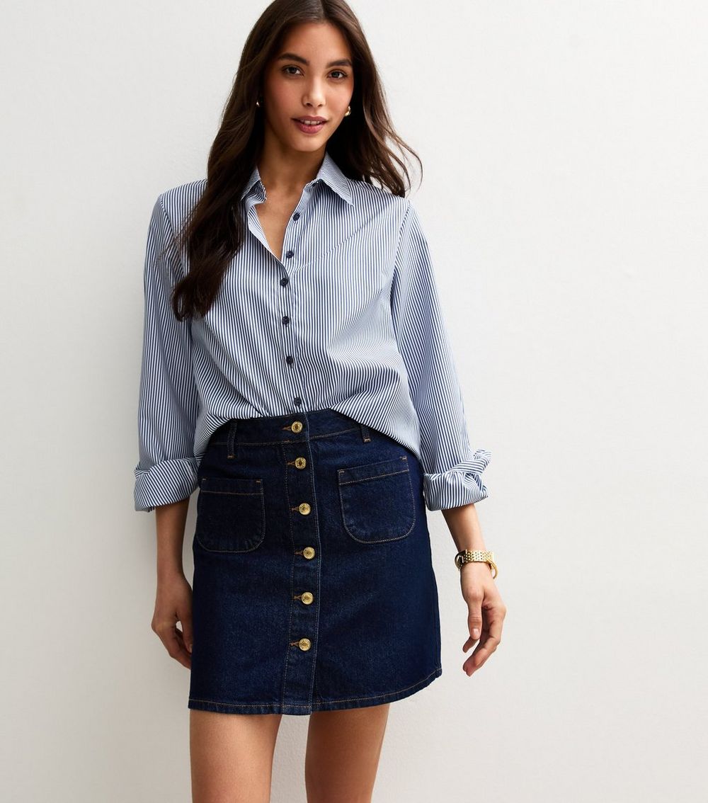 Navy Denim Button Front Mini Skirt