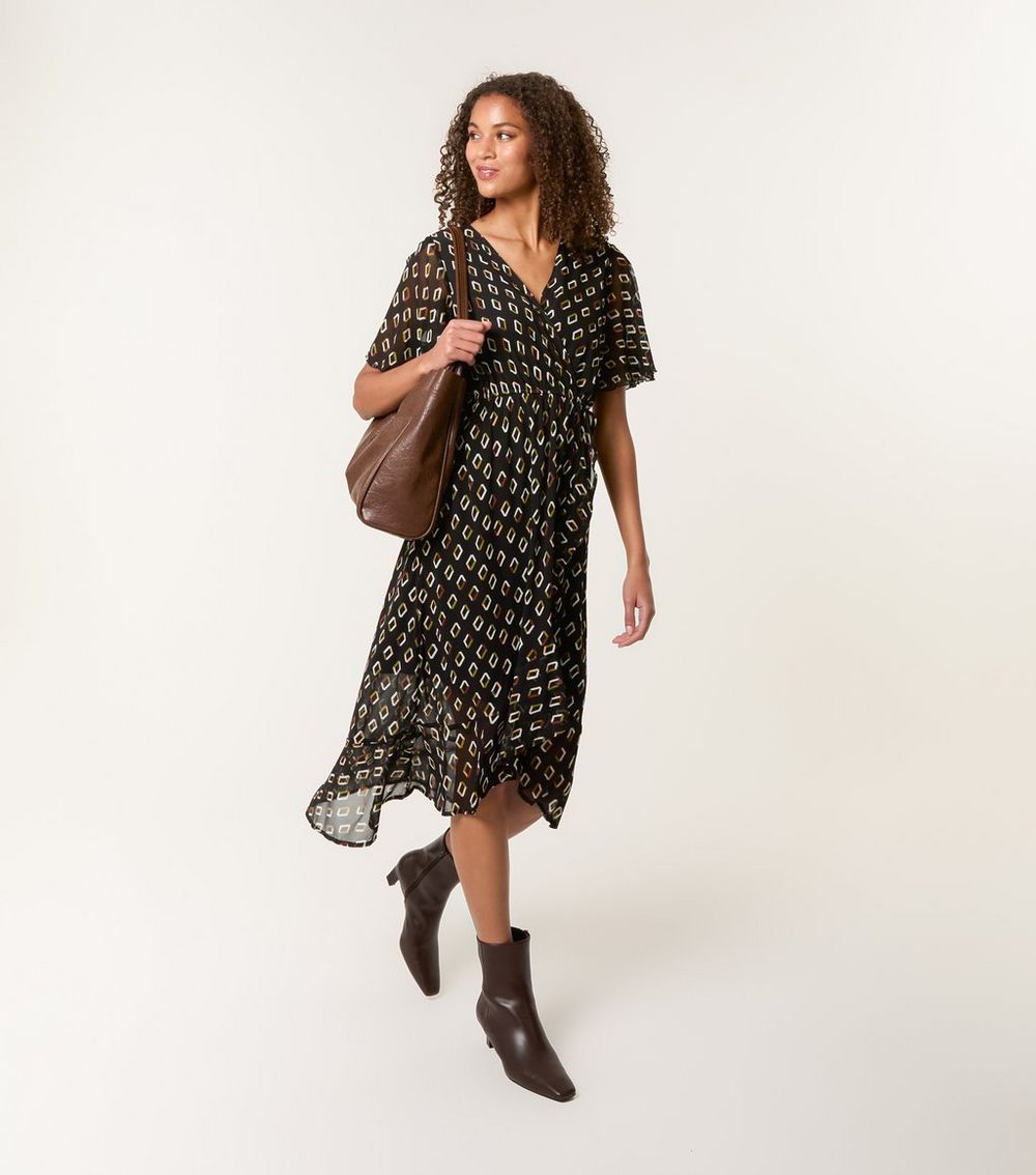 Blue Vanilla Black Mesh Geometric Print Midi Dress