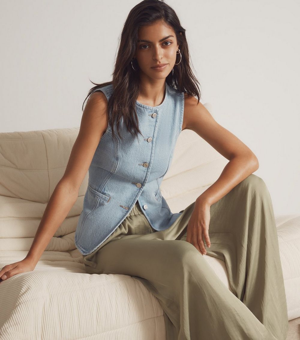 Blue Panelled Longline Denim Waistcoat