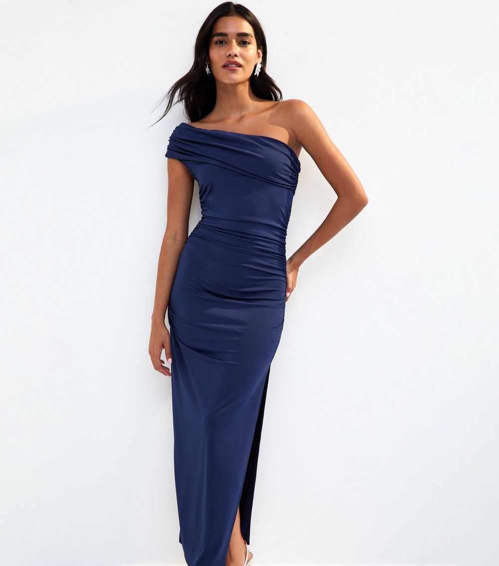 Navy Ruched One Shoulder Slit Hem Midi Dress