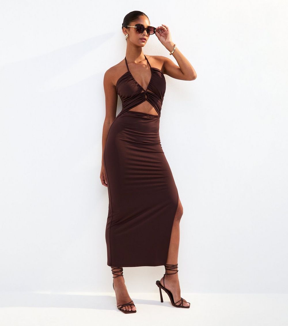 Dark Brown Halterneck Cut Out Midi Dress