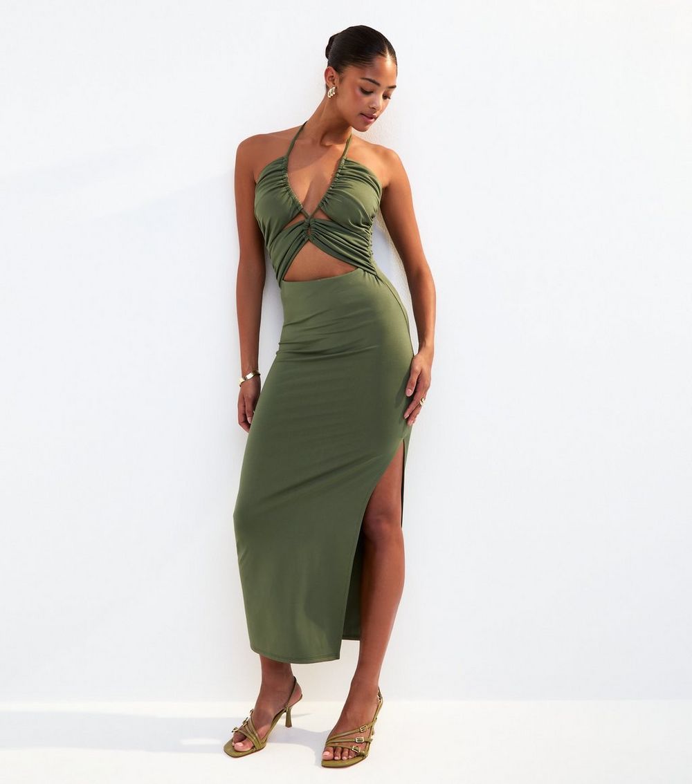 Dark Khaki Halterneck Cut Out Midi Dress