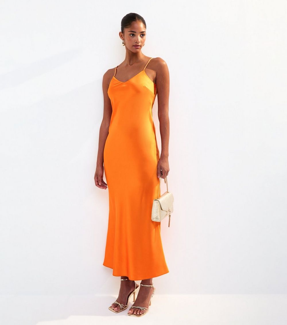 Orange Satin Twist Back Slip Midi Dress