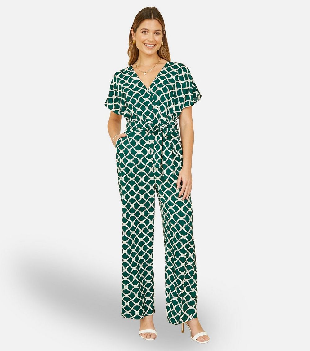 Yumi Green Patterned Short Sleeve Belted Jumpsuit