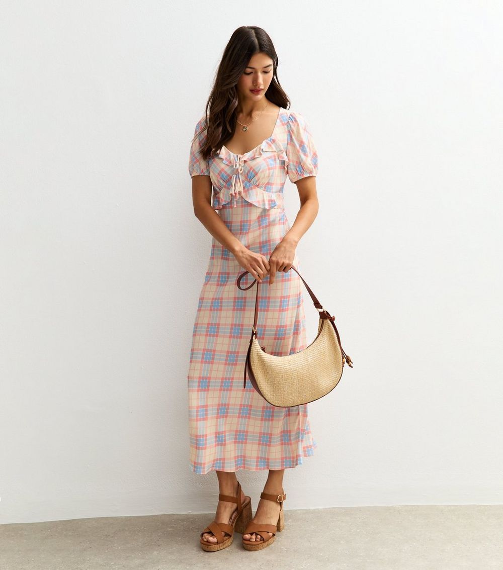 Cream Check Print Ruffle Milkmaid Midi Dress