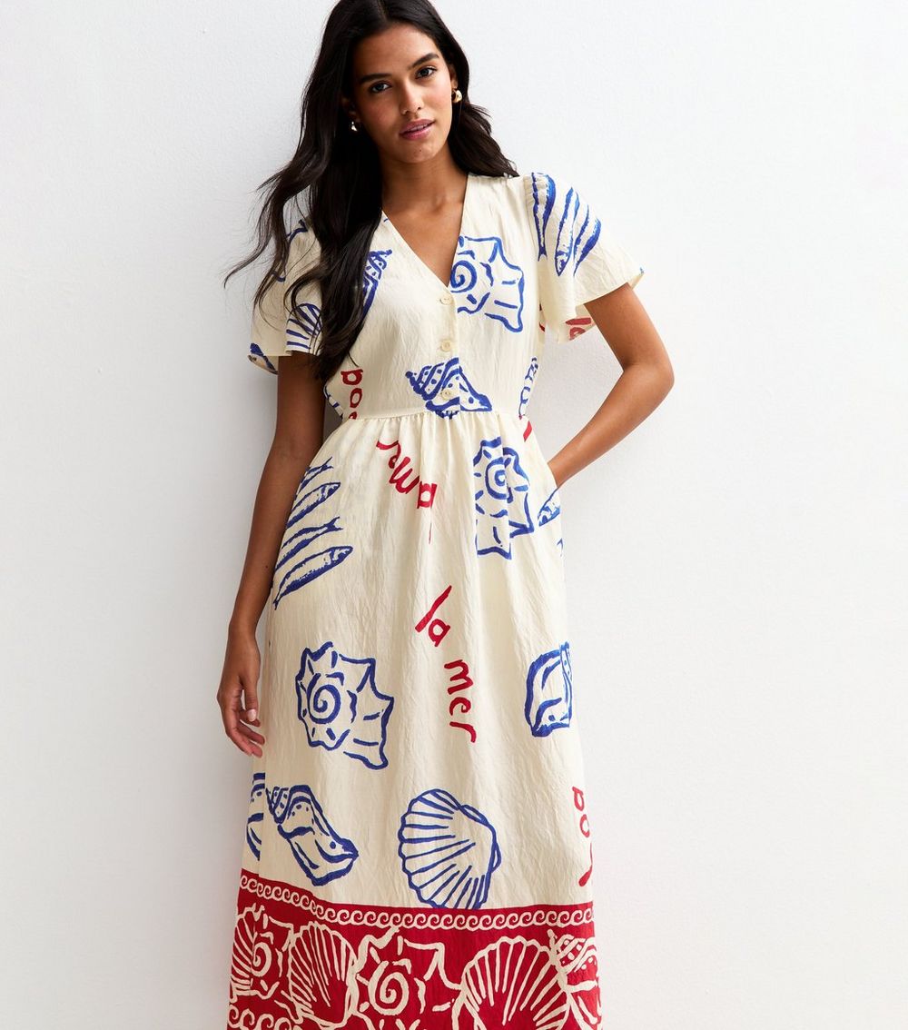 Off White Shell Print Flutter Sleeve Button Midi Dress