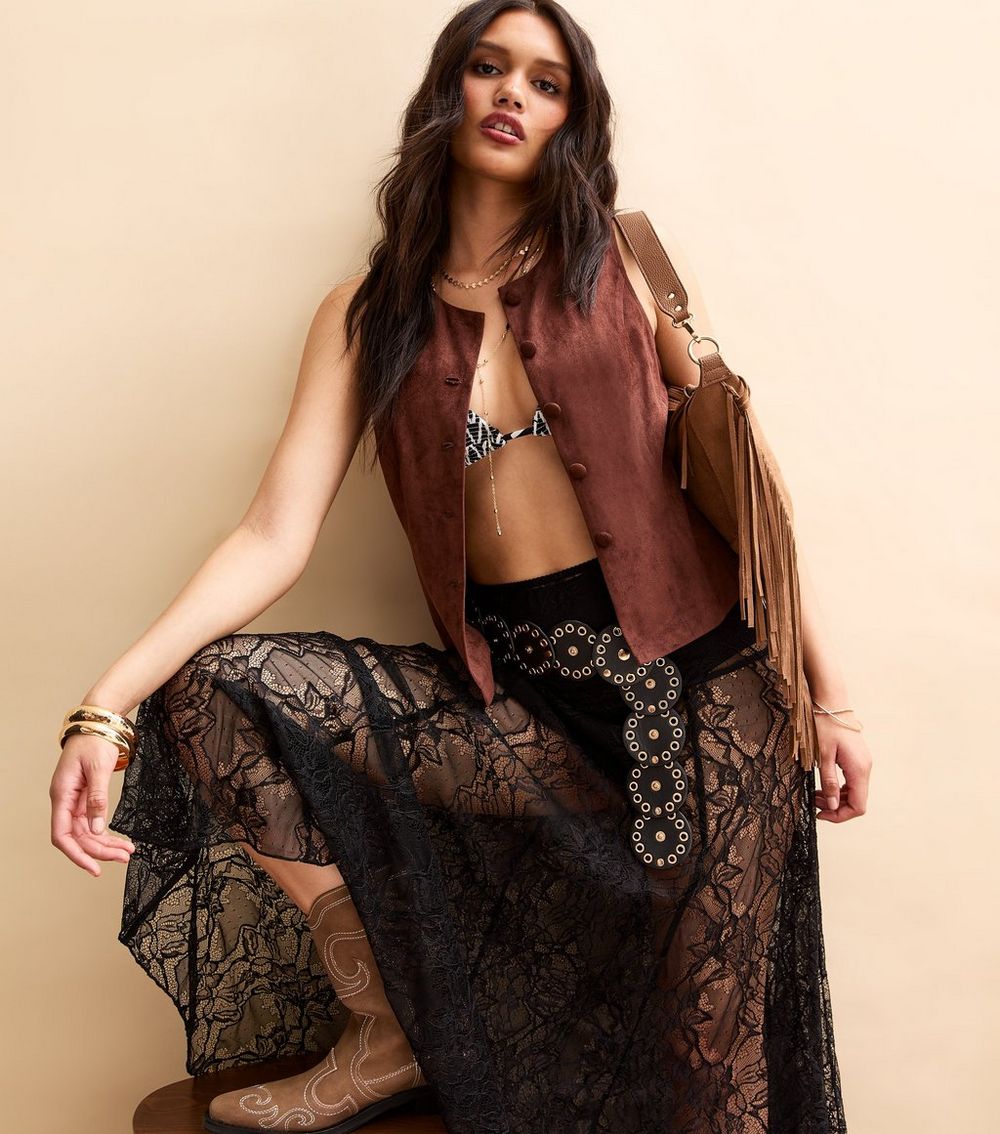 Black Semi Sheer Floral Lace Midi Skirt