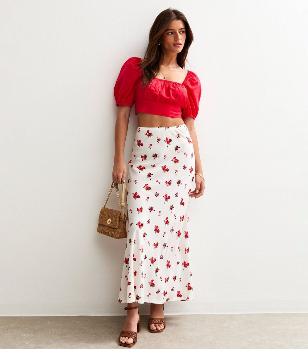 White Rose Print Bias Cut Midi Skirt