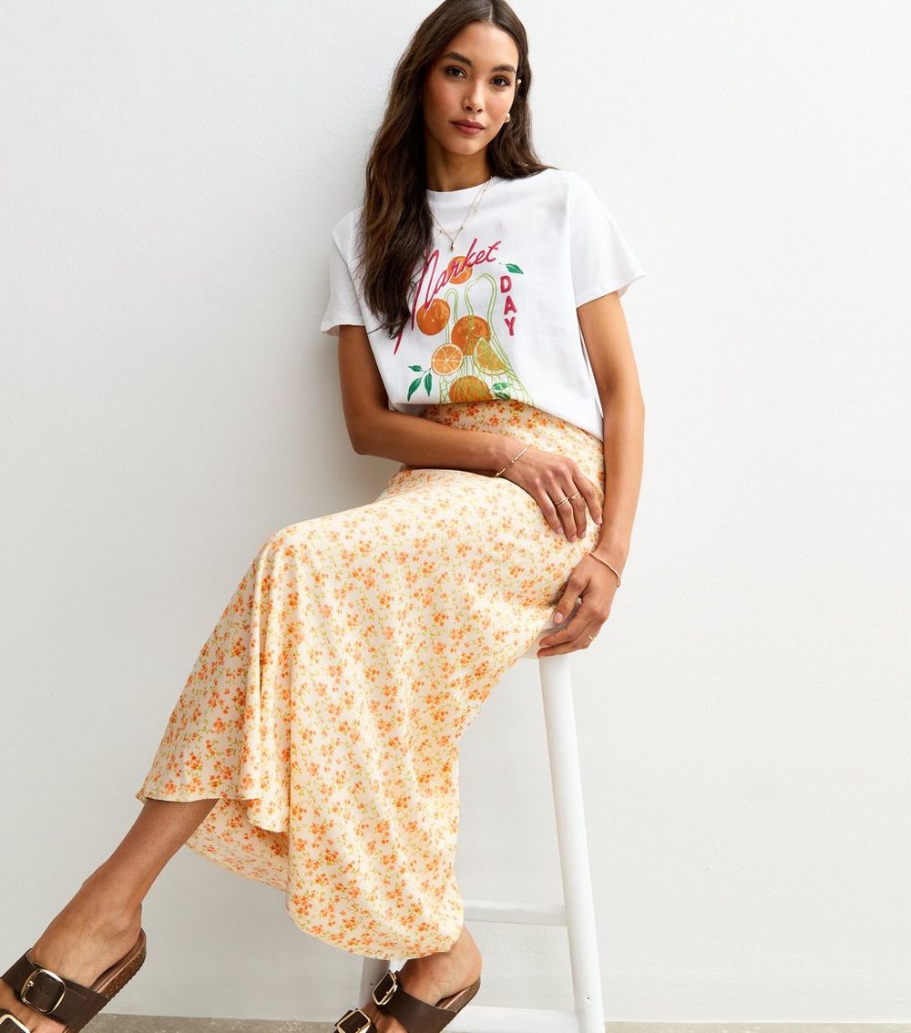 White Floral Print Bias Cut Midi Skirt