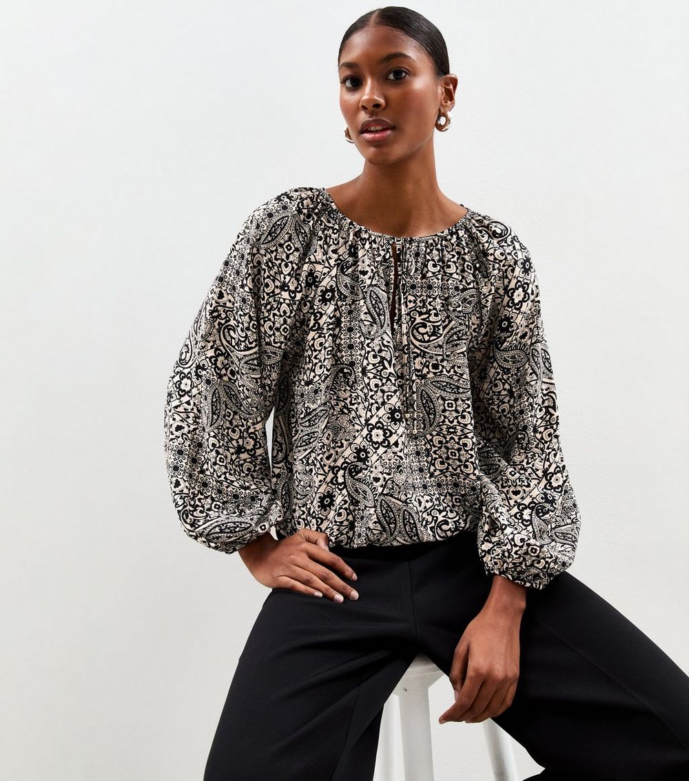 Black Paisley Print Tie Neck Blouse