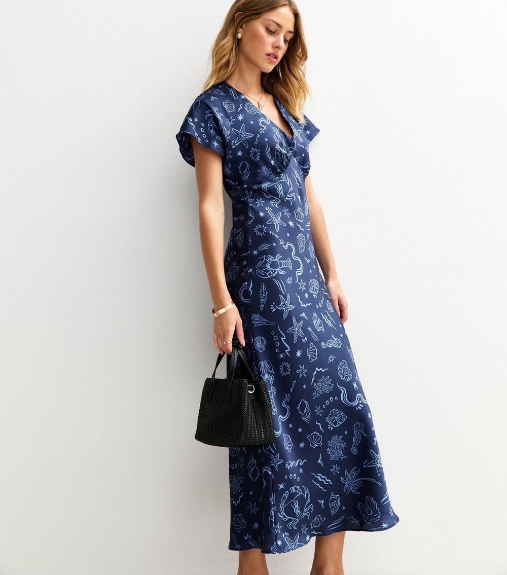 Navy Shell Print Satin V
