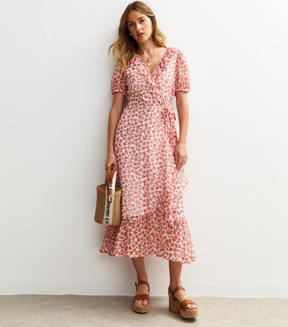Pink Rose Print Chiffon Wrap Midi Dress