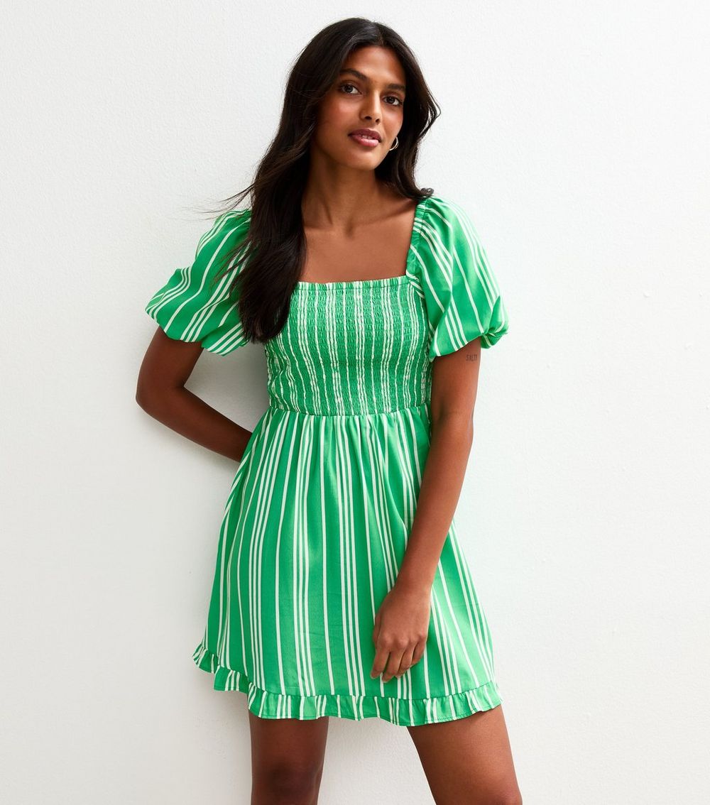 Green Striped Puff Sleeve Mini Dress