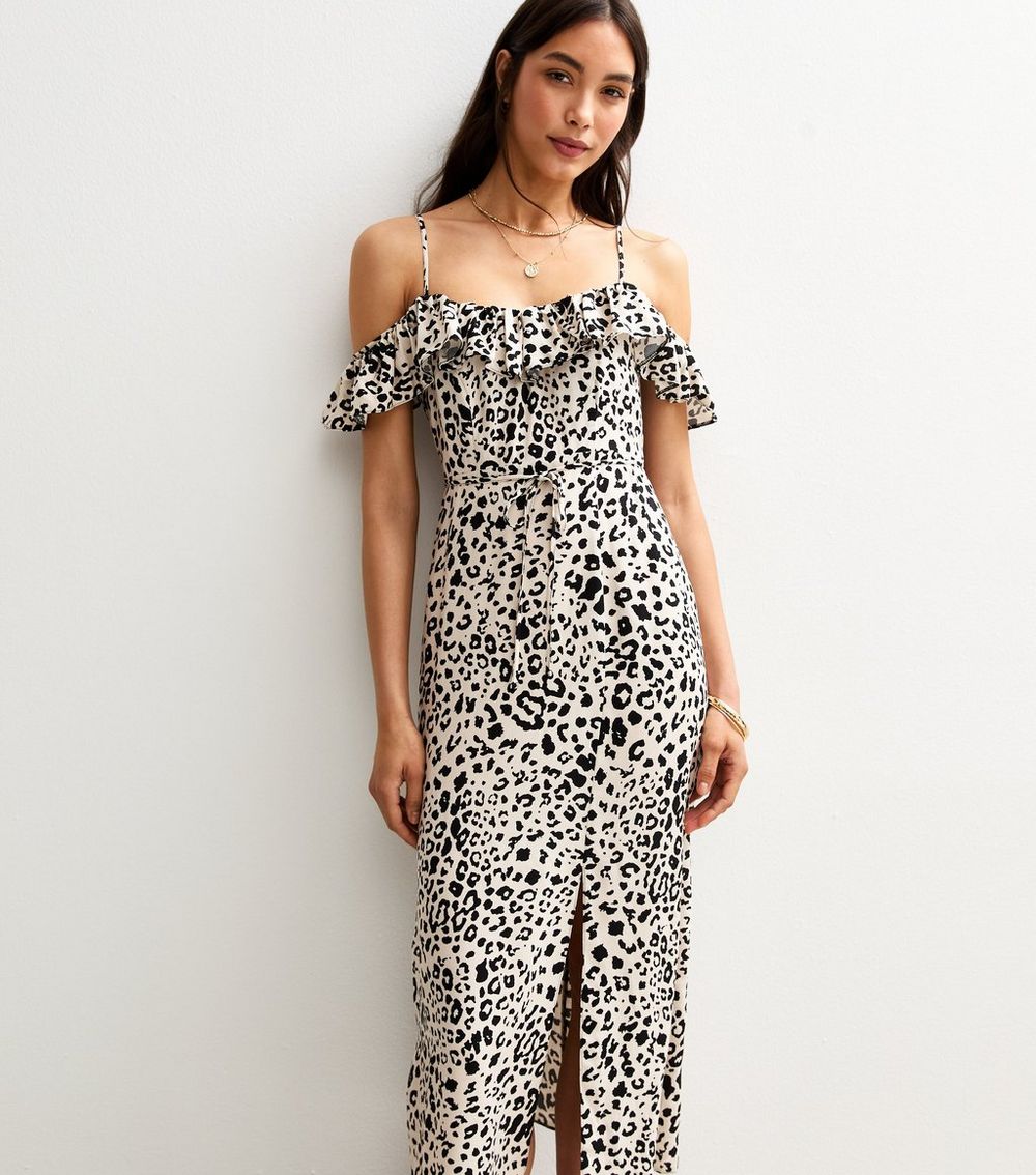 Brown Leopard Print Frill Trim Cold Shoulder Midi Dress