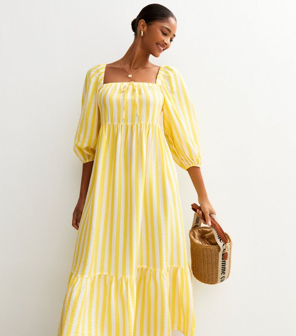 Yellow Stripe Print Tiered Hem Midi Dress