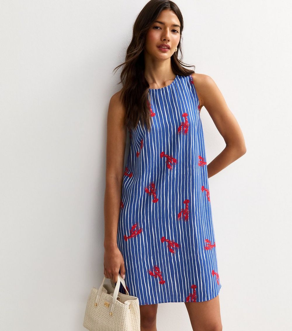 Blue Striped Lobster Print Mini Shift Dress