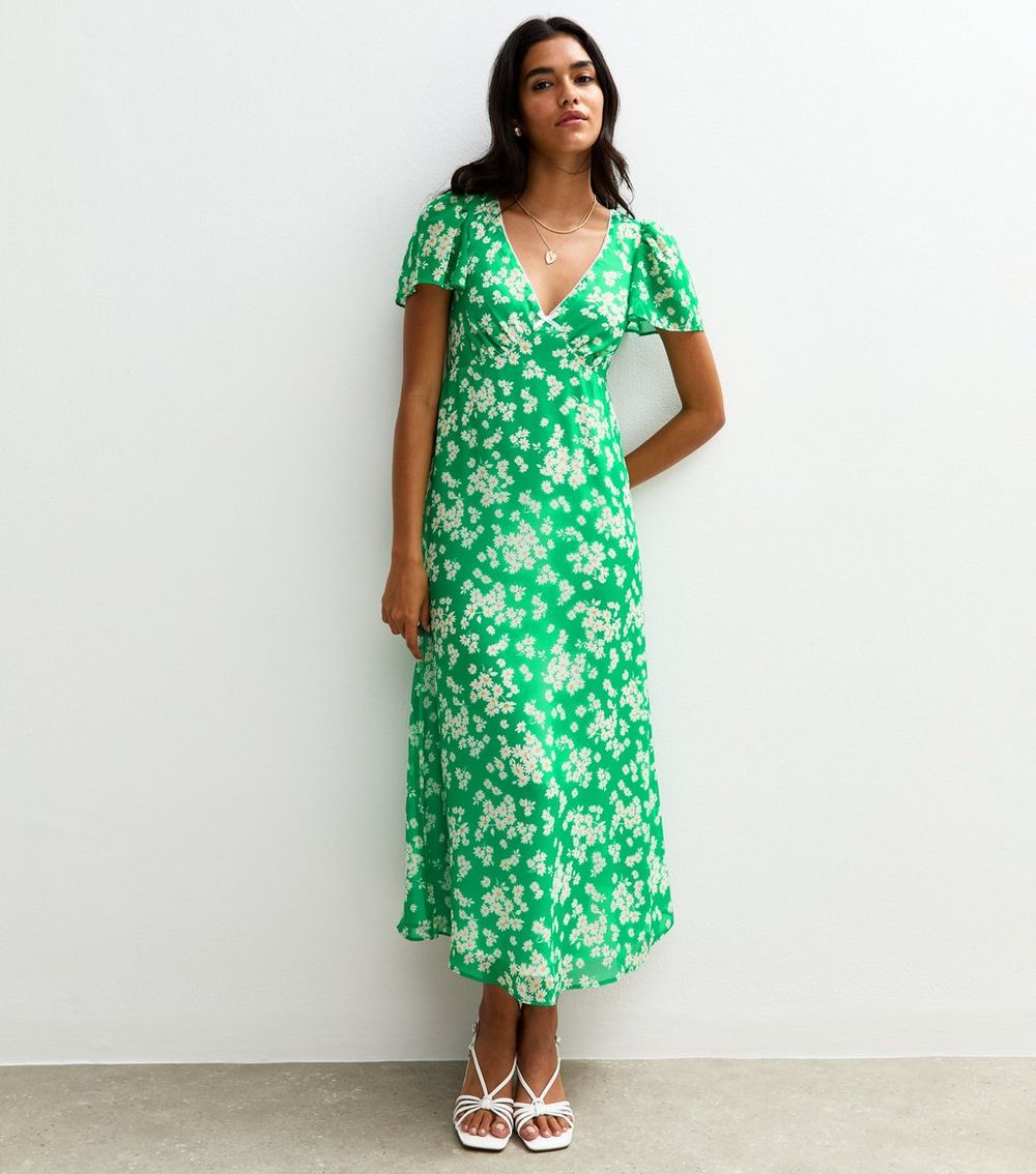 Green Floral Print Chiffon Midi Dress