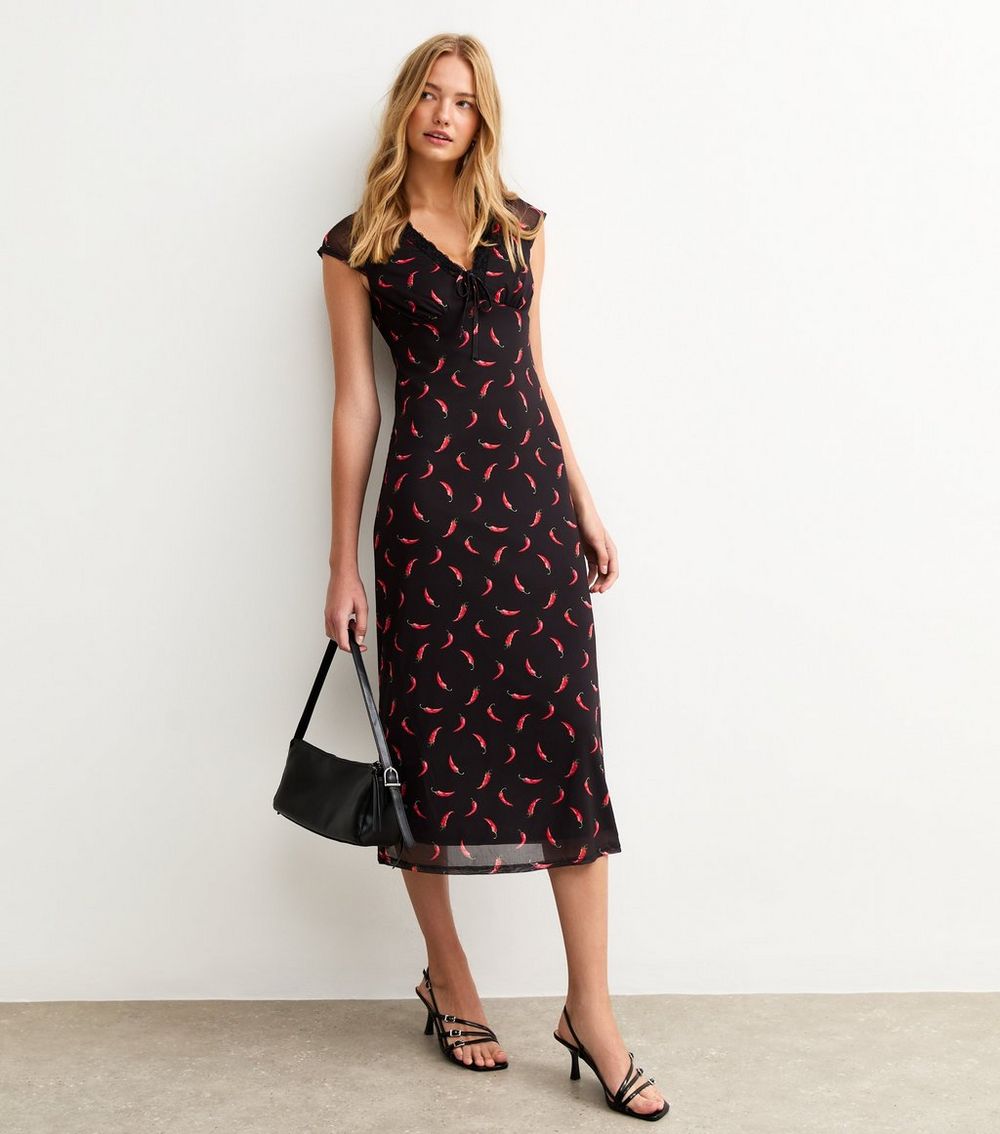 Black Chilli Print Cap Sleeve Mesh Midi Dress
