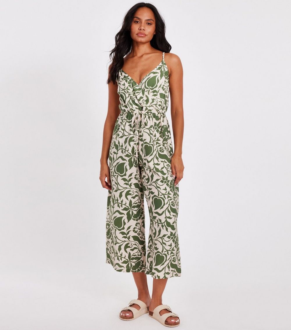 QUIZ Khaki Floral Print Wrap Style Cropped Jumpsuit