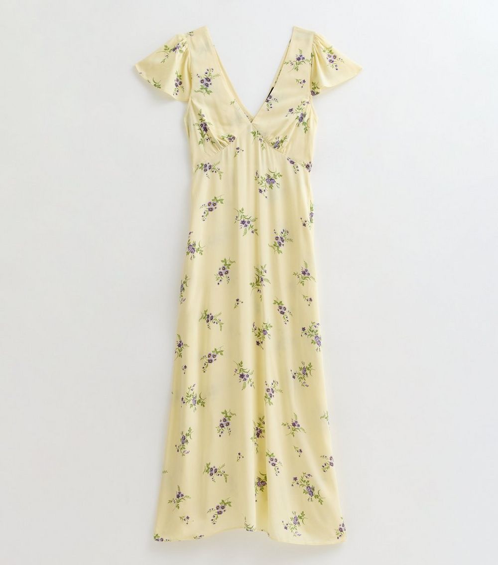Tall Yellow Floral Print Flutter Sleeve V Neck Midi Dress