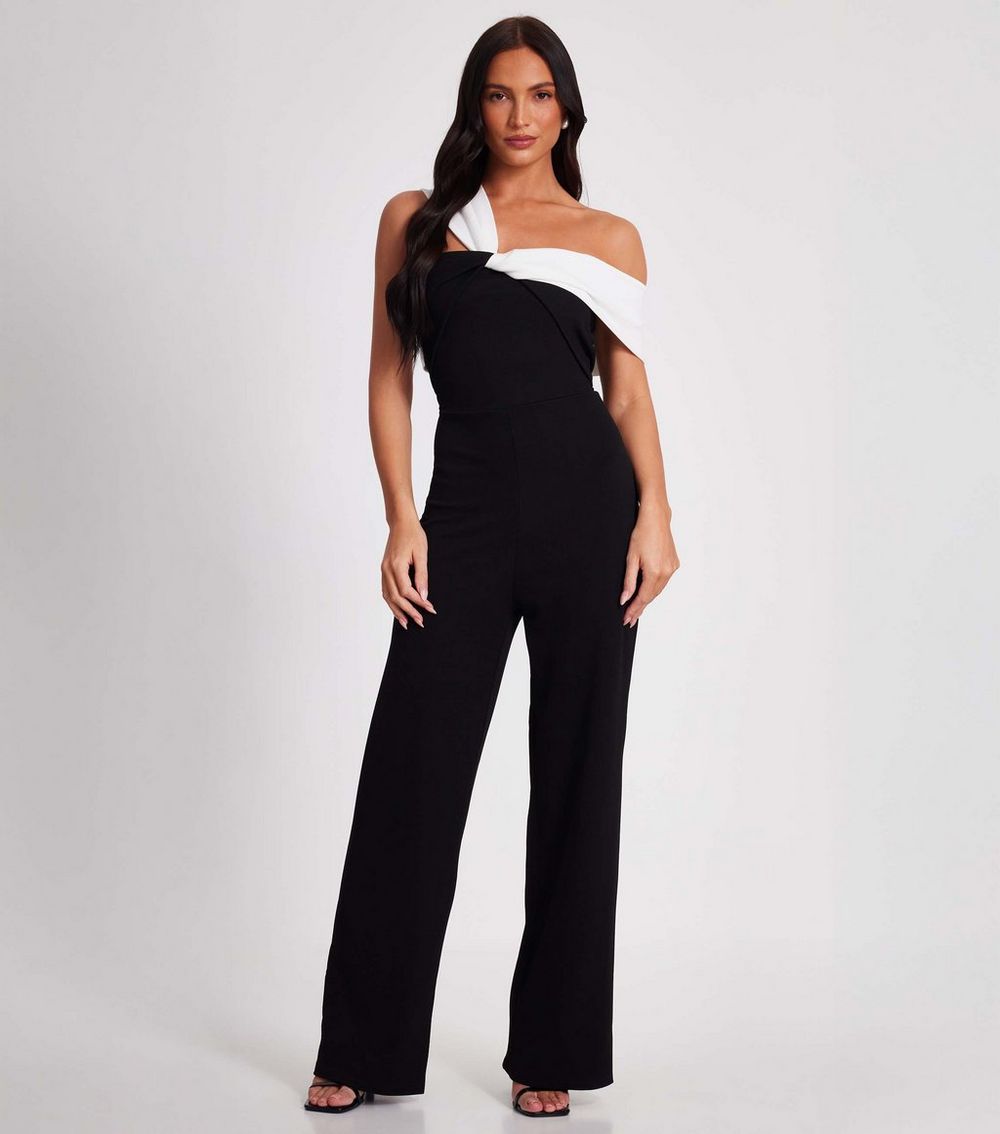 QUIZ Black Contrast Trim Wide Leg Jumpsuit