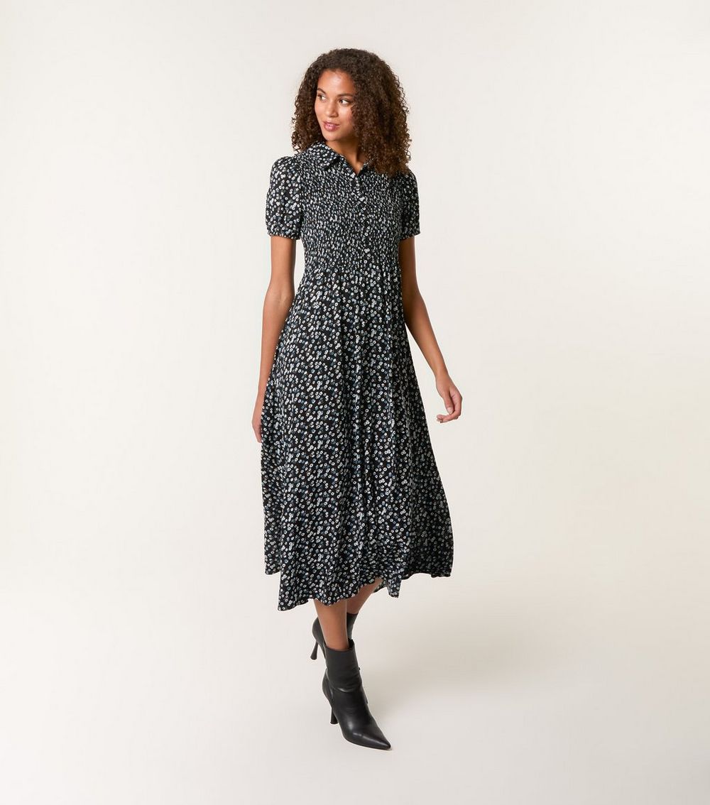 Blue Vanilla Black Floral Print Shirred Midi Dress