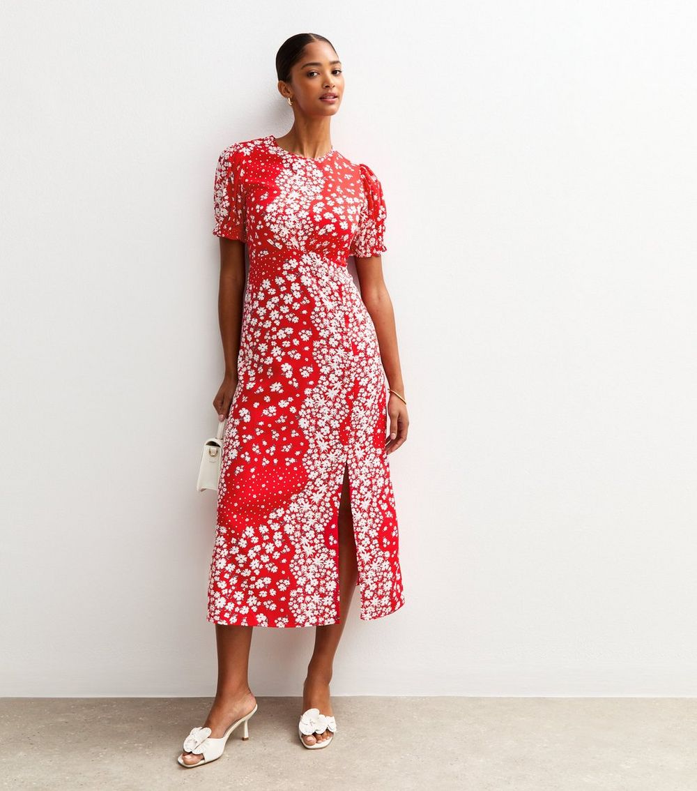 Red Crepe Ditsy Print Short Sleeve Midi Dress