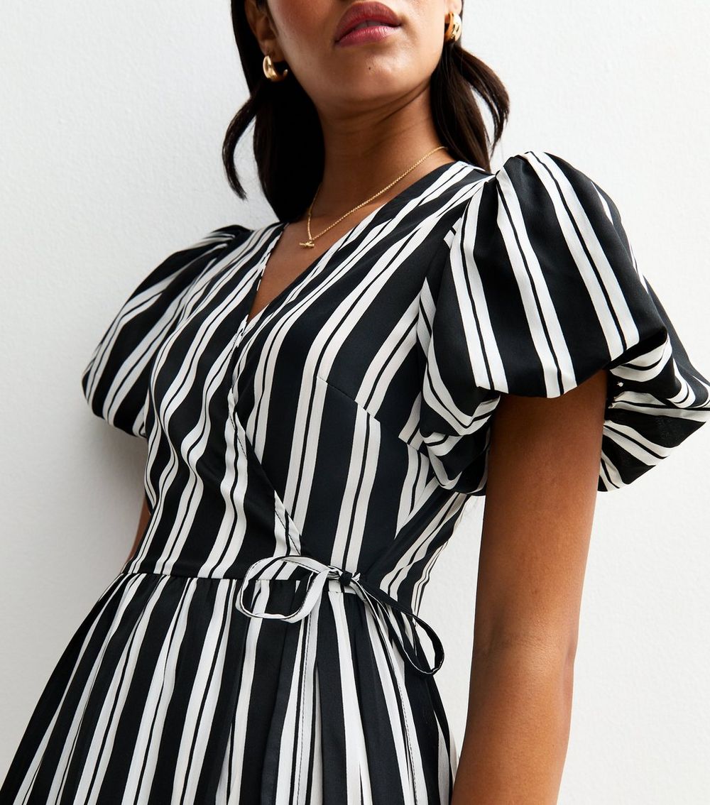 Black Stripe Print Puff Sleeve Midi Wrap Dress