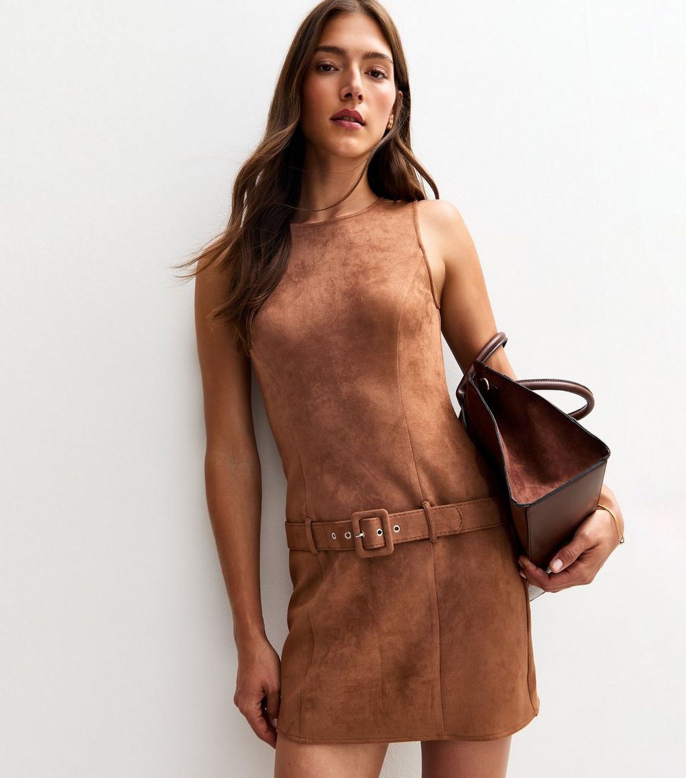 Tan Faux Suede Belted Mini Dress