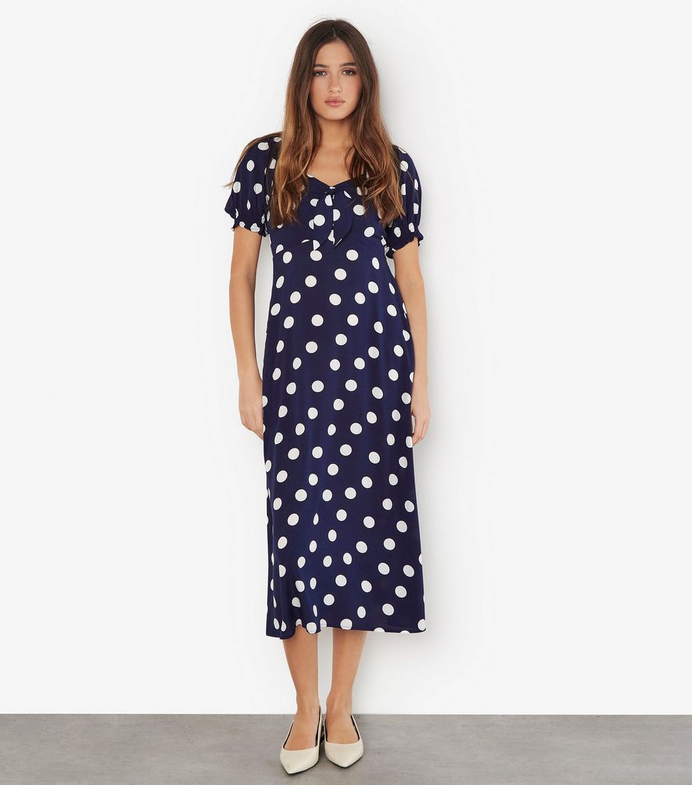 Apricot Navy Spot Print Bow Detail Midi Dress